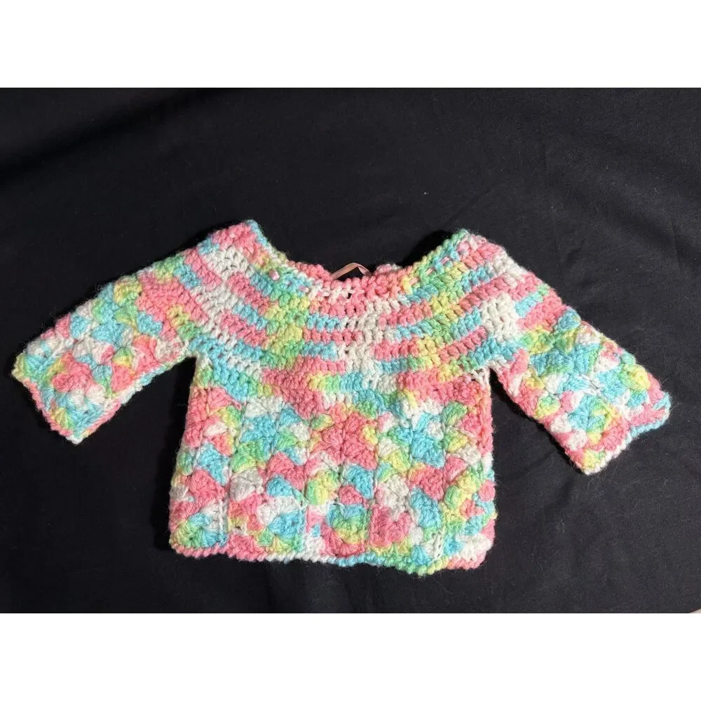 Sweet Vintage Handmade Crochet Baby Cardigan Sweater – Pastel Rainbow/Ribbon Tie
